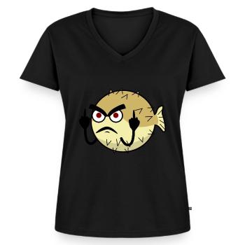 Le poisson-globe fait un doigt d’honneur - T-shirt encolure en V Premium bio Femme - noir - Devant - AI Model Female 172 light (172cm)