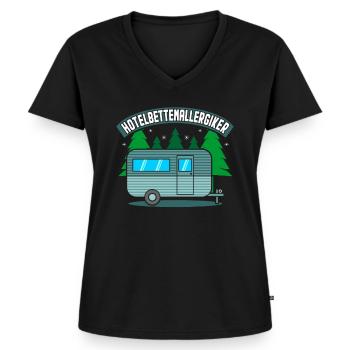 Hotelbettenallergiker Lustiger Camper Spruch Campi - Frauen Premium Bio T-Shirt mit V-Ausschnitt - Schwarz - Vorne - AI Model Female 172 light (172cm)