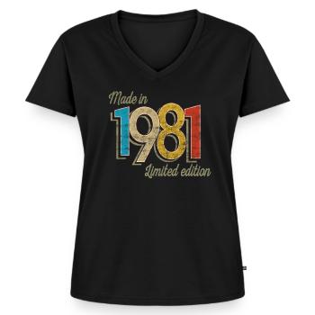 1981 Vintage Birthday Retro Gift Idea - Women's Premium Organic V-neck T-shirt - black - Front - AI Model Female 172 light (172cm)