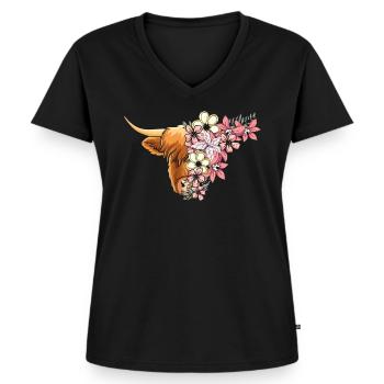 Hochlandrind mit Blumen - Frauen Premium Bio T-Shirt mit V-Ausschnitt - Schwarz - Vorne - AI Model Female 172 light (172cm)