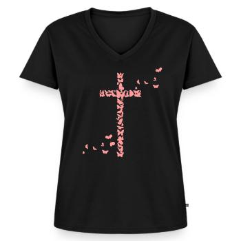Jesu Christen Christentum Schmetterlinge Kreuz - Frauen Premium Bio T-Shirt mit V-Ausschnitt - Schwarz - Vorne - AI Model Female 172 light (172cm)