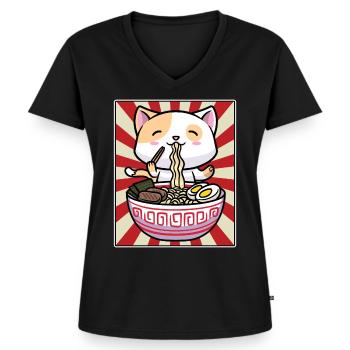 Mignon Cat Ramen Noodles Japon - T-shirt encolure en V Premium bio Femme - noir - Devant - AI Model Female 172 light (172cm)