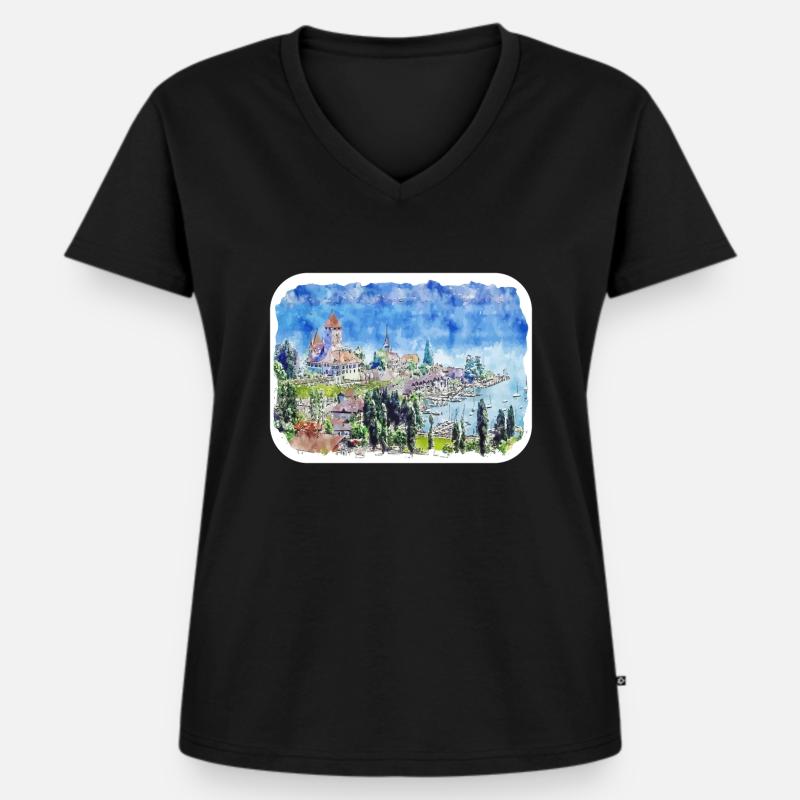Lucerna Svizzera Acquerello Schizzo disegnato Illust - Maglietta ecologica premium da donna con scollo a V - nero