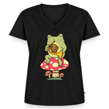 Frosch Auf Pilz Mit Waldhorn Waldhornist Hornist - Frauen Premium Bio T-Shirt mit V-Ausschnitt - Schwarz - Vorne - AI Model Female 172 light (172cm)