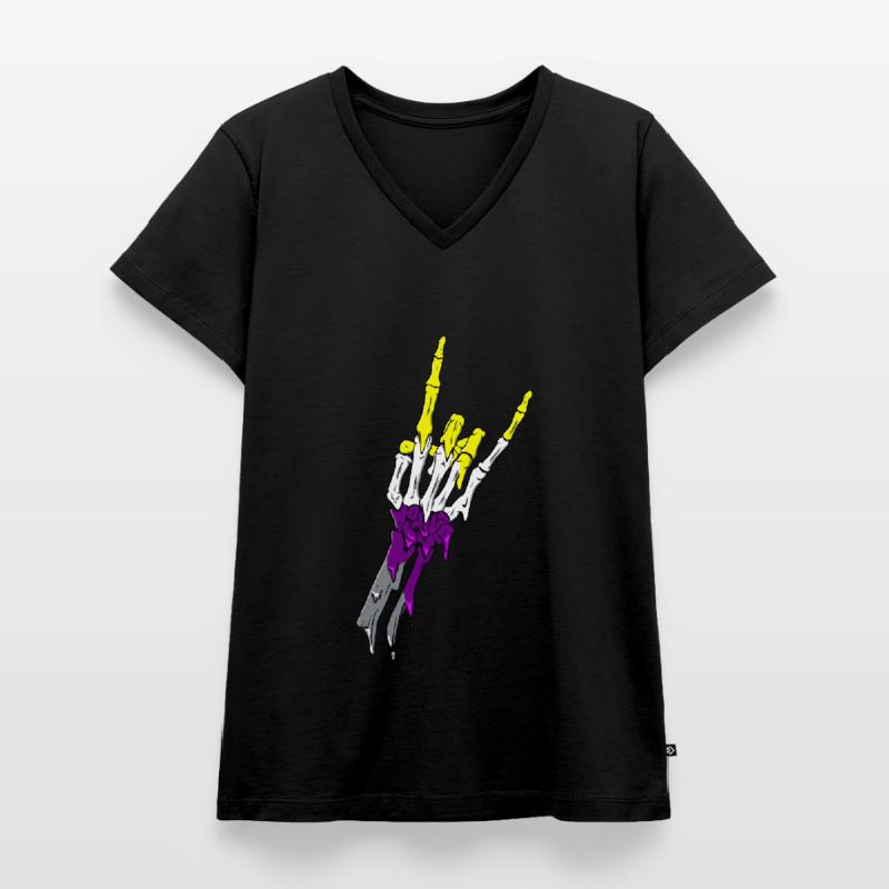 Non Binary Pride Flag Devil Horn Skeleton Subtle Frauen Premium Bio T-Shirt mit V-Ausschnitt
