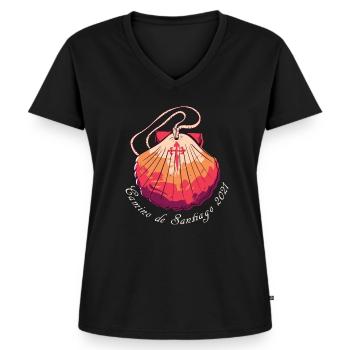 Camino de Santiago 2021 Manier van St. James Pilgrim's Mussel - Vrouwen Premium Bio T-shirt met V-hals - zwart - Voor - AI Model Female 172 light (172cm)