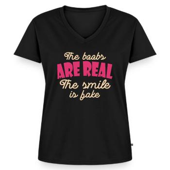Die Brüste Sind Echt, Das Lächeln Ist Falscher - Frauen Premium Bio T-Shirt mit V-Ausschnitt - Schwarz - Vorne - AI Model Female 172 light (172cm)