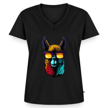Cool lama alpaga portant des lunettes de soleil design rétro - T-shirt encolure en V Premium bio Femme - noir - Devant - AI Model Female 172 light (172cm)
