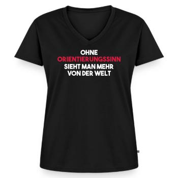 Ohne Orientierungssinn sieht man mehr von der Welt - Frauen Premium Bio T-Shirt mit V-Ausschnitt - Schwarz - Vorne - AI Model Female 172 light (172cm)