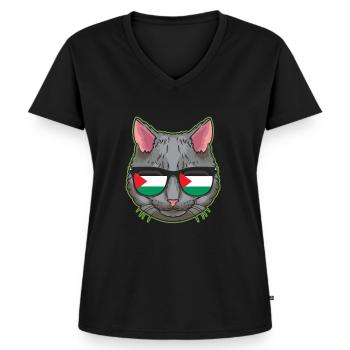 Freie Palästina Flagge palästinensische Gaza Katze - Frauen Premium Bio T-Shirt mit V-Ausschnitt - Schwarz - Vorne - AI Model Female 172 light (172cm)