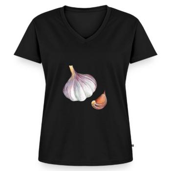 Knoblauch | Bestseller | - Frauen Premium Bio T-Shirt mit V-Ausschnitt - Schwarz - Vorne - AI Model Female 172 light (172cm)