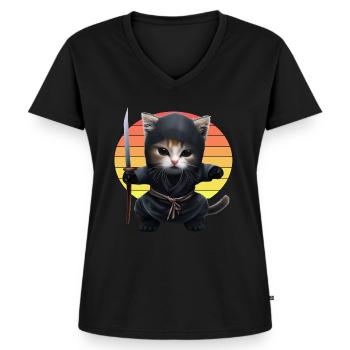 Ninja Cat Sunset - Women's Premium Organic V-neck T-shirt - black - Front - AI Model Female 172 light (172cm)
