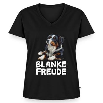 Australian Shepherd BLANKE FREUDE AUSSIE - Frauen Premium Bio T-Shirt mit V-Ausschnitt - Schwarz - Vorne - AI Model Female 172 light (172cm)