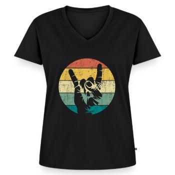 Pommesgabel Metal Hand Handzeichen Retro - Frauen Premium Bio T-Shirt mit V-Ausschnitt - Schwarz - Vorne - AI Model Female 172 light (172cm)
