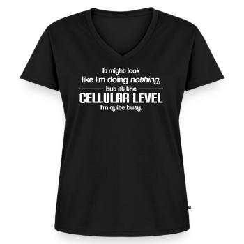 Biologie Spruch Faulheit - Frauen Premium Bio T-Shirt mit V-Ausschnitt - Schwarz - Vorne - AI Model Female 172 light (172cm)
