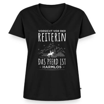 Vorsicht Reiterin Pferde Spruch Pferd Reiter Berge - Frauen Premium Bio T-Shirt mit V-Ausschnitt - Schwarz - Vorne - AI Model Female 172 light (172cm)