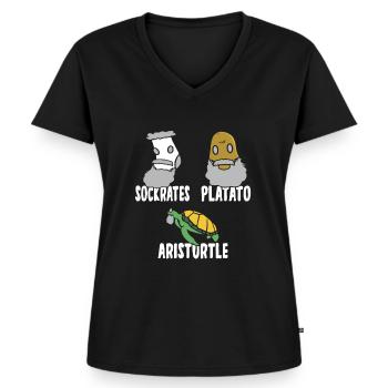 Philosophie Sokrates Platon Aristoteles - Frauen Premium Bio T-Shirt mit V-Ausschnitt - Schwarz - Vorne - AI Model Female 172 light (172cm)