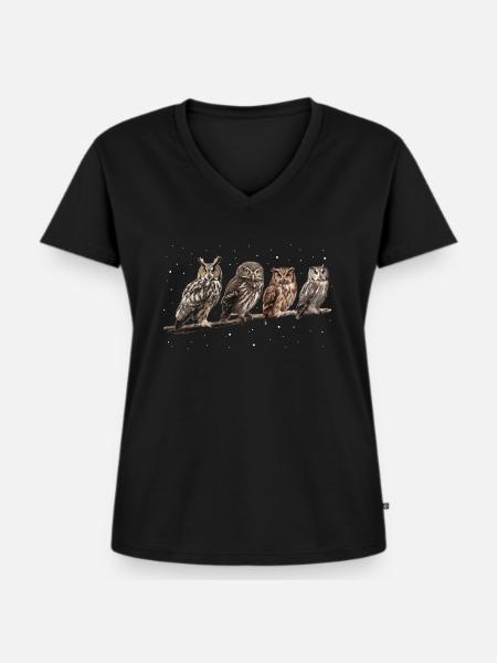 Nachteule Eule Eulen Vogel - Frauen Premium Bio T-Shirt mit V-Ausschnitt - Schwarz