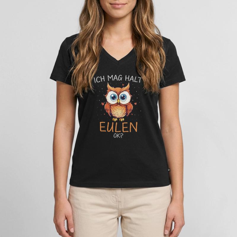 Nachteule Eule Eulen Vogel Frauen Premium Bio T-Shirt mit V-Ausschnitt