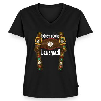 Lausbua Lausmadl Herren Lederhose Ersatz Lederhosn - Frauen Premium Bio T-Shirt mit V-Ausschnitt - Schwarz - Vorne - AI Model Female 172 light (172cm)