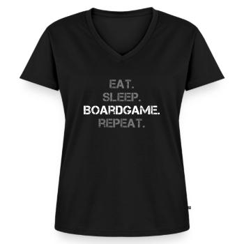 Eat Sleep Boardgame Repeat - Frauen Premium Bio T-Shirt mit V-Ausschnitt - Schwarz - Vorne - AI Model Female 172 light (172cm)