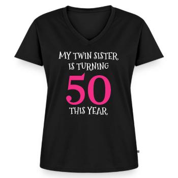 50. Geburtstag Zwillingsschwester - Frauen Premium Bio T-Shirt mit V-Ausschnitt - Schwarz - Vorne - AI Model Female 172 light (172cm)
