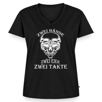 Zwei Hände, Zwei Eier, zwei Takte Rocker Totenkopf - Frauen Premium Bio T-Shirt mit V-Ausschnitt - Schwarz - Vorne - AI Model Female 172 light (172cm)