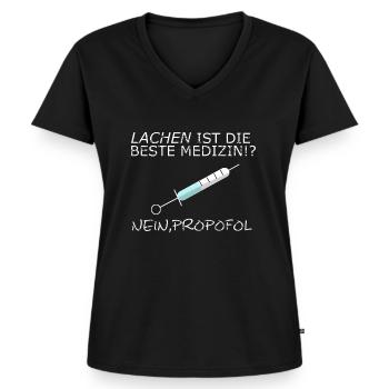 Lustiges Medizin Anästhesie Propofol Shirt - Frauen Premium Bio T-Shirt mit V-Ausschnitt - Schwarz - Vorne - AI Model Female 172 light (172cm)