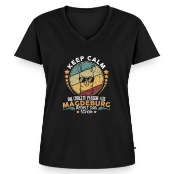 Keep calm die coole Person aus Magdeburg regelt da - Frauen Premium Bio T-Shirt mit V-Ausschnitt - Schwarz - Vorne - AI Model Female 172 light (172cm)
