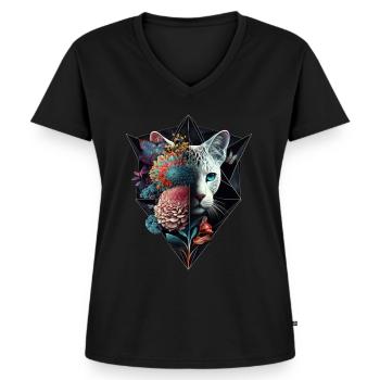 Katze Blumen Kunst Geschenk Katzenmotiv Tier - Frauen Premium Bio T-Shirt mit V-Ausschnitt - Schwarz - Vorne - AI Model Female 172 light (172cm)