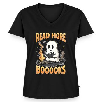 Teacher Halloween Ghost Reading Book - Frauen Premium Bio T-Shirt mit V-Ausschnitt - Schwarz - Vorne - AI Model Female 172 light (172cm)