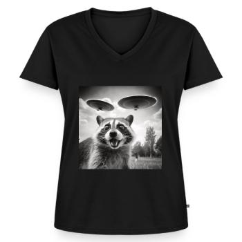 Drôle de raton laveur effrayé selfie OVNI Alien - T-shirt encolure en V Premium bio Femme - noir - Devant - AI Model Female 172 light (172cm)