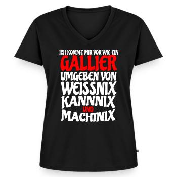 Gallier, Umgeben von Weiss, Kann & Macht Nix, Fun - Frauen Premium Bio T-Shirt mit V-Ausschnitt - Schwarz - Vorne - AI Model Female 172 light (172cm)