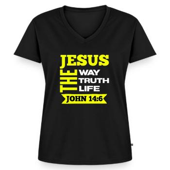 Jésus, Jésus, Jésus chrétien chrétien chrétien chrétien - T-shirt encolure en V Premium bio Femme - noir - Devant - AI Model Female 172 light (172cm)