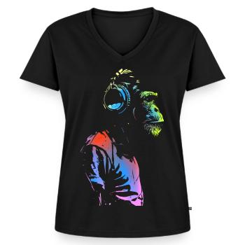 Affe mit Kopfhörern 🎧 - Frauen Premium Bio T-Shirt mit V-Ausschnitt - Schwarz - Vorne - AI Model Female 172 light (172cm)