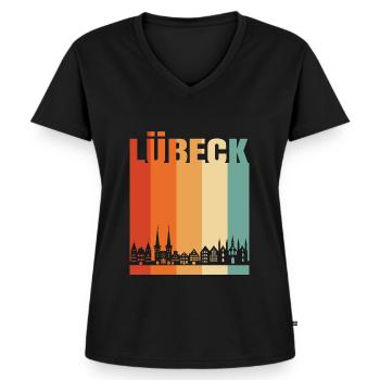 Lübeck - Frauen Premium Bio T-Shirt mit V-Ausschnitt - Schwarz - Vorne - AI Model Female 172 light (172cm)