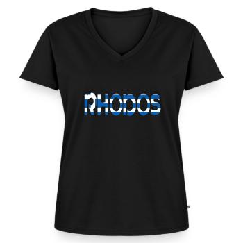 Rhodos - Frauen Premium Bio T-Shirt mit V-Ausschnitt - Schwarz - Vorne - AI Model Female 172 light (172cm)