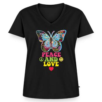 Hippie Flower Power 60s 70s Schmetteling Retro - Frauen Premium Bio T-Shirt mit V-Ausschnitt - Schwarz - Vorne - AI Model Female 172 light (172cm)