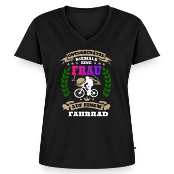 Unterschätze niemals eine Frau auf einem Fahrrad - Frauen Premium Bio T-Shirt mit V-Ausschnitt - Schwarz - Vorne - AI Model Female 172 light (172cm)