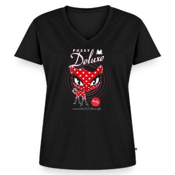 Pussy Deluxe Chat Rouge Aux Escarpins - T-shirt encolure en V Premium bio Femme - noir - Devant - AI Model Female 172 light (172cm)