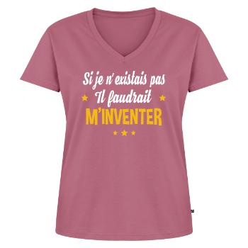 Il faudrait m'inventer. Cadeau humour anniversaire - T-shirt encolure en V Premium bio Femme - mauve - Devant - AI Model Female 172 dark (172cm)