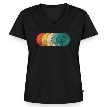 Retro Vinyl Schallplatte Plattensammler - Frauen Premium Bio T-Shirt mit V-Ausschnitt - Schwarz - Vorne - AI Model Female 172 light (172cm)