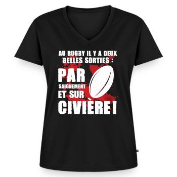 Cadeau rugby citation message sang guerre combat - T-shirt encolure en V Premium bio Femme - noir - Devant - AI Model Female 172 light (172cm)