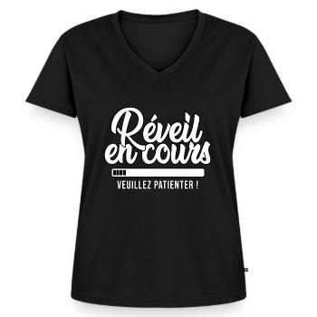 humour réveil en cours tshirt personnalisé - T-shirt encolure en V Premium bio Femme - noir - Devant - AI Model Female 172 light (172cm)