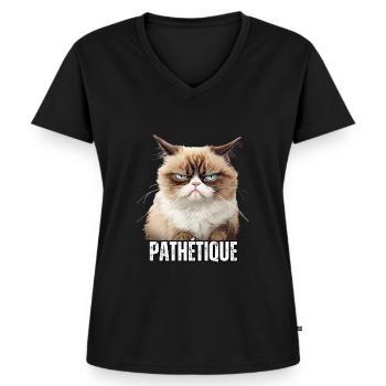 Humour chat en colère énervé pathétique sarcasme - T-shirt encolure en V Premium bio Femme - noir - Devant - AI Model Female 172 light (172cm)