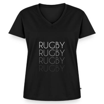 Rugby Schriftzug - Frauen Premium Bio T-Shirt mit V-Ausschnitt - Schwarz - Vorne - AI Model Female 172 light (172cm)