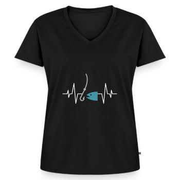 Angeln Herzschlag - Frauen Premium Bio T-Shirt mit V-Ausschnitt - Schwarz - Vorne - AI Model Female 172 light (172cm)