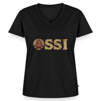 Ossi, DDR, Wappen, Osten, Geschenk - Frauen Premium Bio T-Shirt mit V-Ausschnitt - Schwarz - Vorne - AI Model Female 172 light (172cm)
