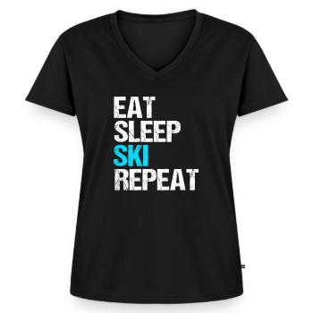 eat sleep ski repeat - Frauen Premium Bio T-Shirt mit V-Ausschnitt - Schwarz - Vorne - AI Model Female 172 light (172cm)