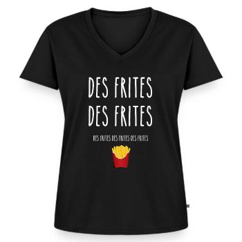 des frites des frites des frites - T-shirt encolure en V Premium bio Femme - noir - Devant - AI Model Female 172 light (172cm)